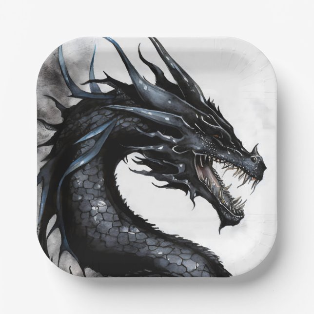 Assiettes En Carton Design d'aquarelle de dragon noir (Recto)