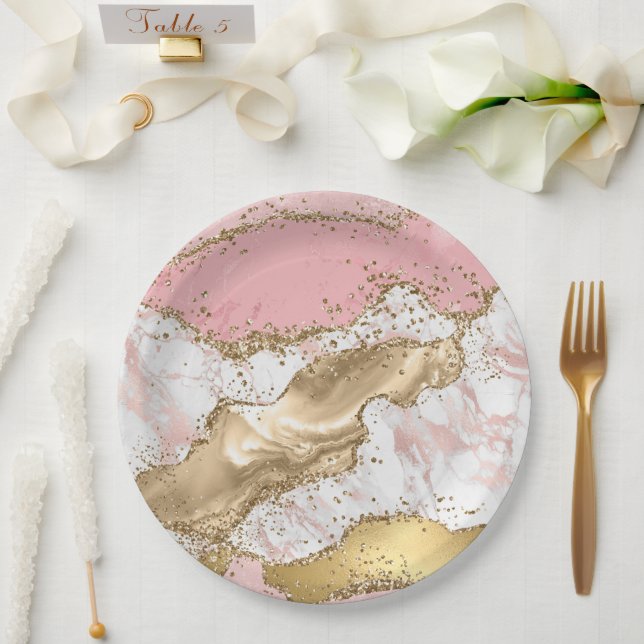 Assiettes En Carton Design Rose de luxe en marbre rose or (Mariage)