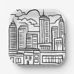 Assiettes En Carton Dessin de la skyline de la ville en noir et blanc