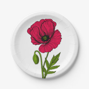 Assiettes En Carton Dessin de pavot rouge