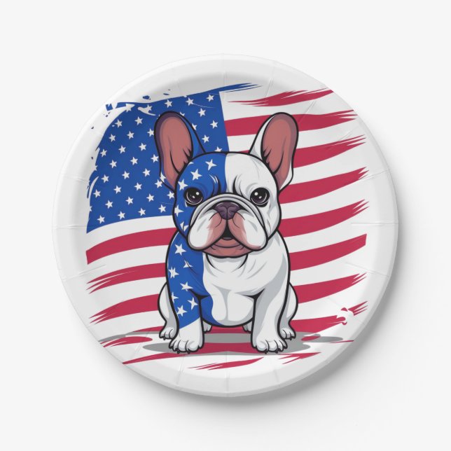Assiettes En Carton Dessin d'un bulldog français avec drapeau américai (Devant)