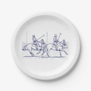 Assiettes En Carton Dessin stylisé vintage de match de polo #2 bleu