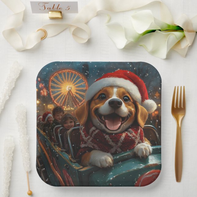 Assiettes En Carton Dessous de verre à rouleaux de chien beagle Noël (Mariage)