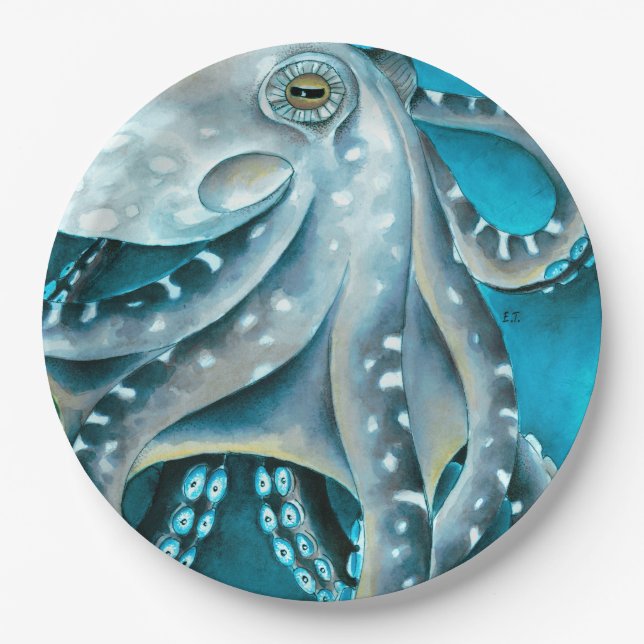 Assiettes En Carton Détails de l'aquarelle bleu octopus (Devant)