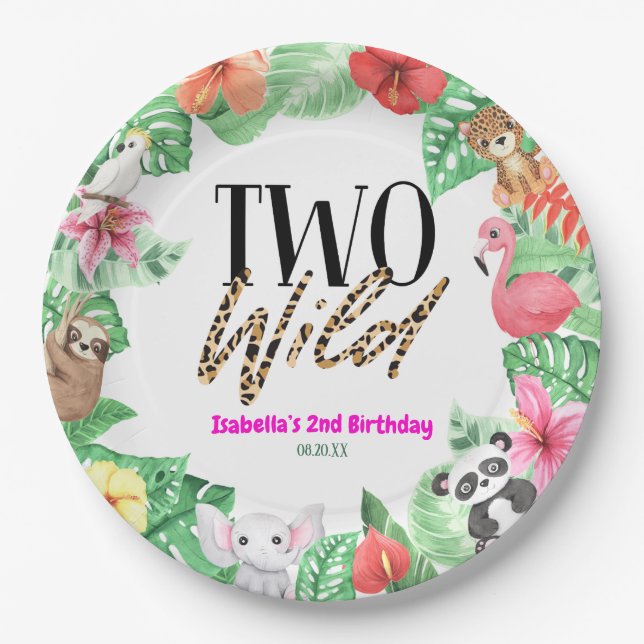 Assiettes En Carton Deux animaux sauvages tropicaux fête du 2e anniver (Devant)