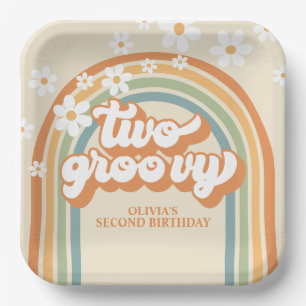 Assiettes En Carton Deux anniversaires groovy rétro arc-en-ciel Daisy
