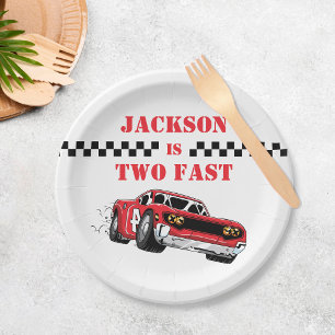 Assiettes En Carton Deux Fast Modern Red Race Car Boy 2e anniversaire