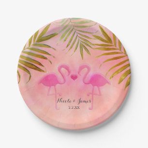 Assiettes En Carton Deux Flamants roses roses Aquarelle Plage Plaques