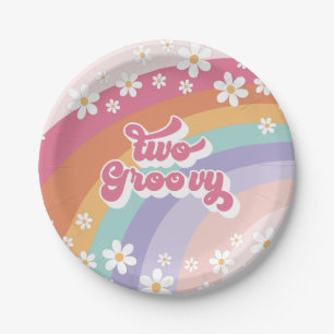 Assiettes En Carton Deux Groovy Rétro Arc-en-ciel 2ème Anniversaire