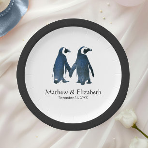 Assiettes En Carton Deux mariage romantique mignon des pingouins  