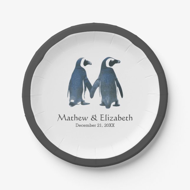 Assiettes En Carton Deux mignons pingouins | Mariage romantique (Devant)