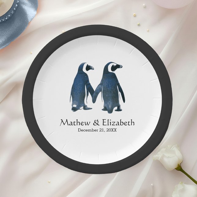 Assiettes En Carton Deux mignons pingouins | Mariage romantique (Créateur téléchargé)