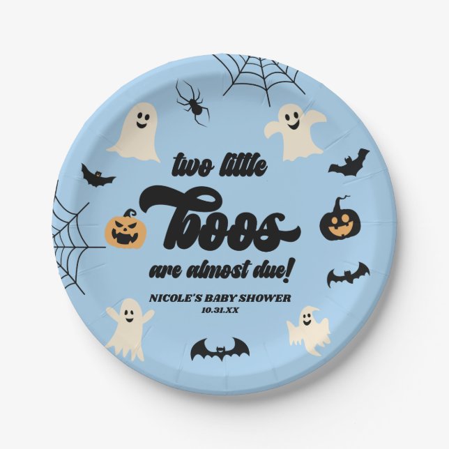 Assiettes En Carton Deux petits boos jumeaux Baby shower d'Halloween (Devant)