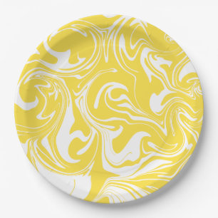 Assiettes En Carton Déversement - Citron jaune et blanc