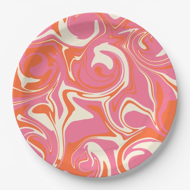 Assiettes En Carton Déversement - rose, orange et crème (Devant)
