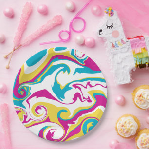 Assiettes En Carton Déversement - Turquoise, Jaune, Rose et Blanc