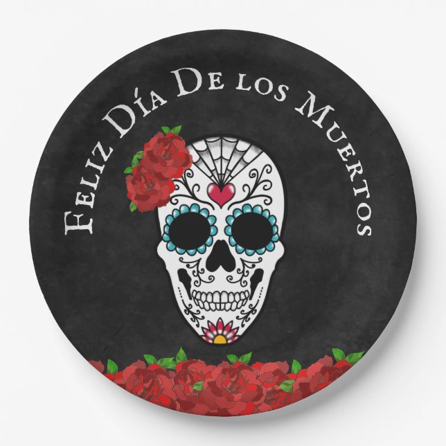 Assiettes En Carton Día De Los Muertos Rouge Turquoise Crâne à sucre (Devant)