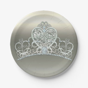 Assiettes En Carton Diadème Anniversaire Princesse Cœur en Platine et