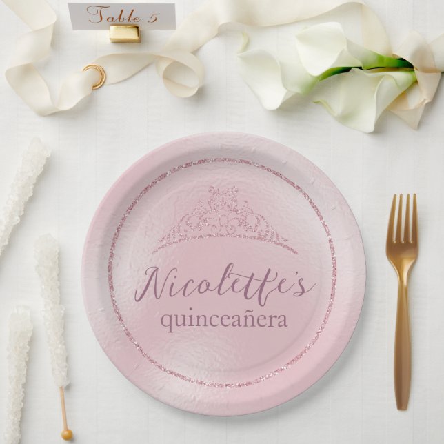 Assiettes En Carton Diadème Glamour Rose Pailleté pour Quinceañera (Mariage)