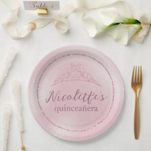 Assiettes En Carton Diadème Glamour Rose Pailleté Quinceañera