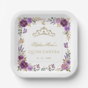 Assiettes En Carton Diadème Papillon Floral Violet Or Quinceañera