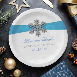 Assiettes En Carton Diamante Snowflake & Blue Ribbon Mariage d'hiver
