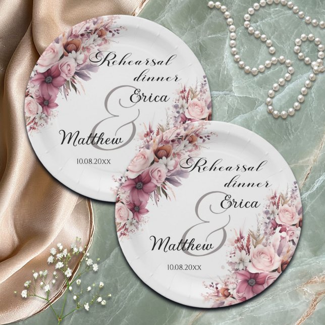 Assiettes En Carton Dîner de répétition Dusty Pink Bohème Fleurs Maria (Créateur téléchargé)