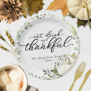 Assiettes En Carton Dîner de Thanksgiving avec Eucalyptus et Citrouill
