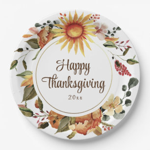Assiettes En Carton Dîner de Thanksgiving Floral Automnal Rustique