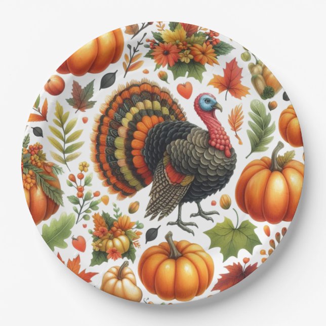 Assiettes En Carton Dîner de Thanksgiving Turquie Motif (Devant)