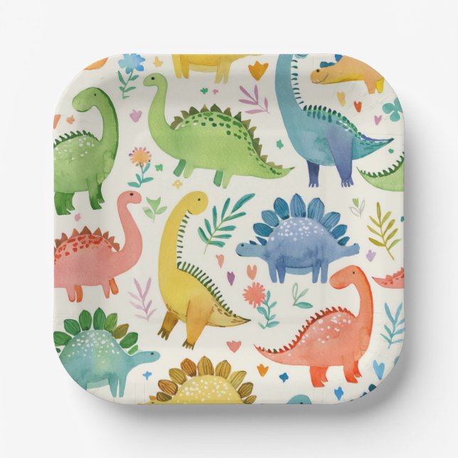 Assiettes En Carton DINO-MITE Aquarelle Dinosaure Anniversaire de enfa (Recto)