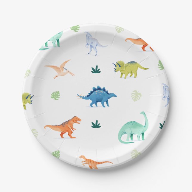 Assiettes En Carton Dino Party coloré Dinosaur Plaques papier d'annive (Devant)