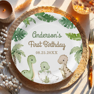 Assiettes En Carton Dinosaur Boy Green 1er anniversaire