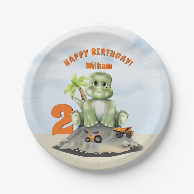 Assiettes En Carton Dinosaur Construction Boy Anniversaire (Devant)