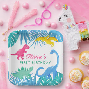 Assiettes En Carton Dinosaur fille 1er anniversaire coloré