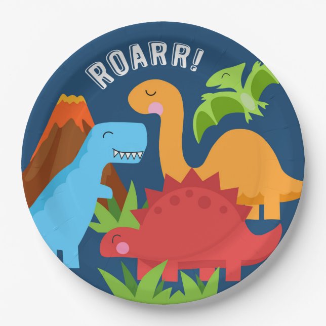 Assiettes En Carton Dinosaur ROAR mignonne Plaque en papier bleu Red F (Devant)
