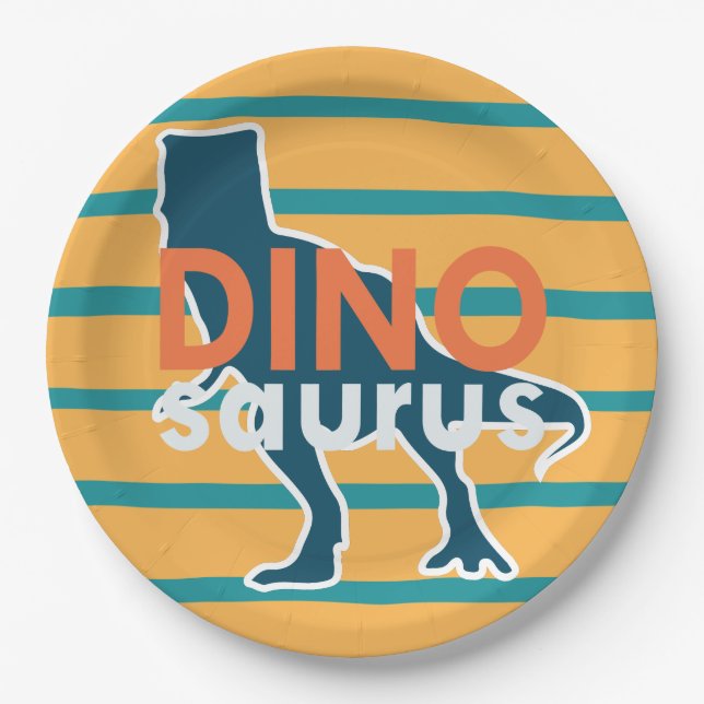 Assiettes En Carton Dinosaur T-rex dessin animé jaune garçon d'anniver (Devant)