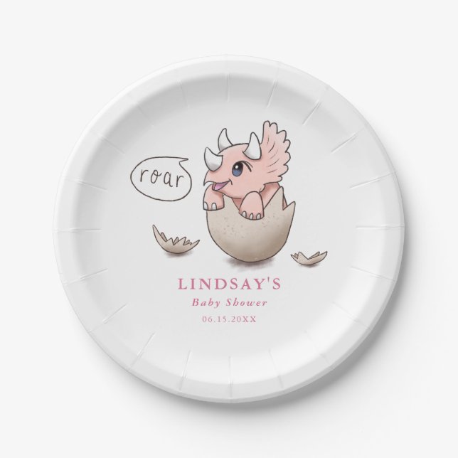 Assiettes En Carton Dinosaur Thème Cute Pink Triceratops Baby shower (Devant)