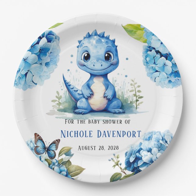 Assiettes En Carton Dinosaure Bleu mignon avec Baby shower garçon Flor (Devant)