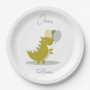 Assiettes En Carton Dinosaure jaune vert gris premier anniversaire
