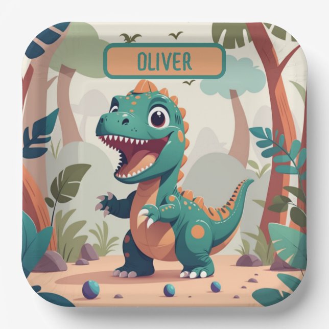 Assiettes En Carton Dinosaure Personnalisé Mignon (Recto)