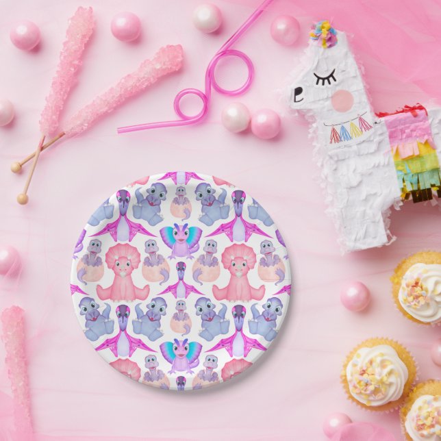 Assiettes En Carton Dinosaure Rose Anniversaire Des Filles Jurassiques (Fête)