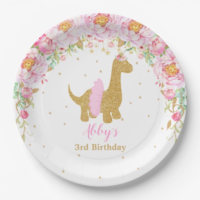 Assiettes En Carton Dinosaure rose floral fête d'anniversaire Brachios (Devant)