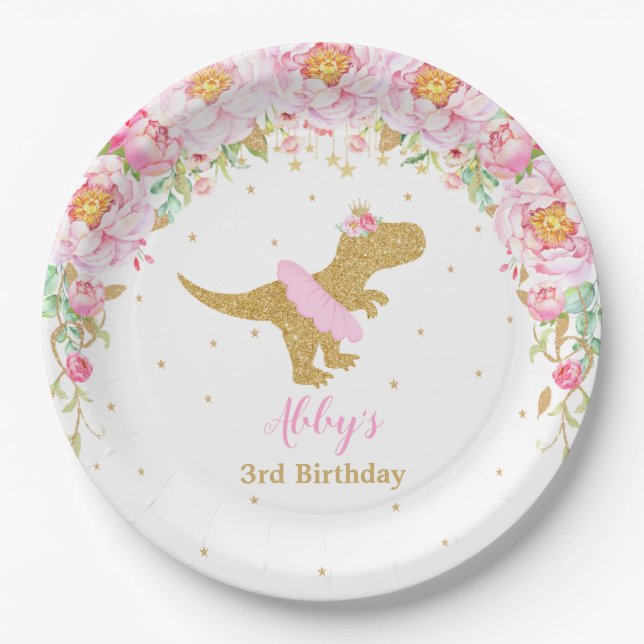 Assiettes En Carton Dinosaure rose floral fête d'anniversaire T-Rex 9" (Devant)