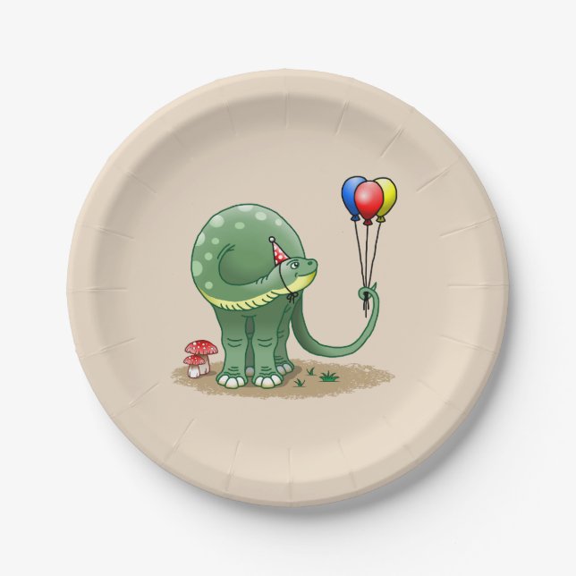 Assiettes En Carton Dinosaure tenant Ballons Anniversaire (Devant)