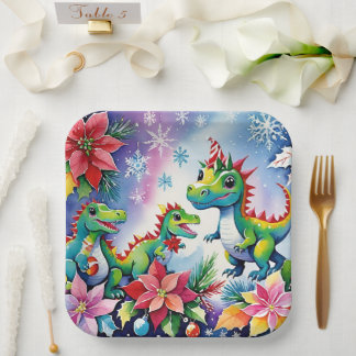 Assiettes En Carton Dinosaures de Noël