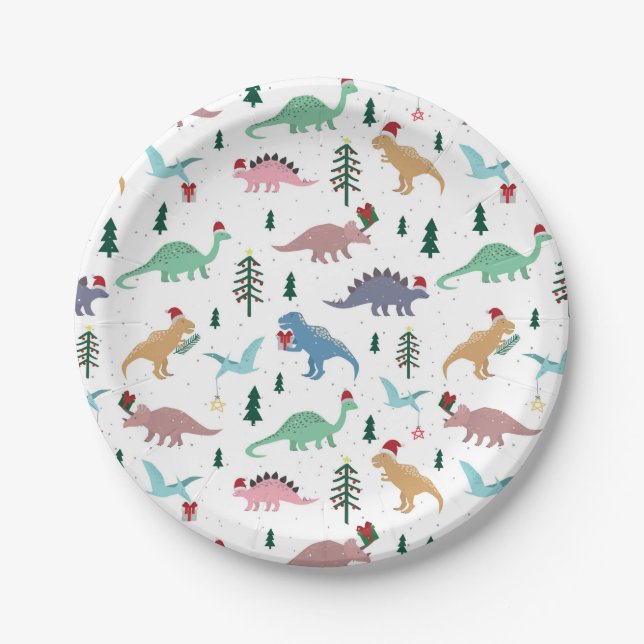 Assiettes En Carton Dinosaures festifs Motif de Noël (Devant)