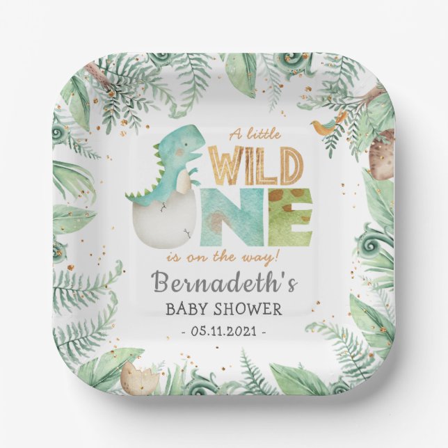 Assiettes En Carton Dinosaures Plaques en papier Baby shower sauvage (Recto)