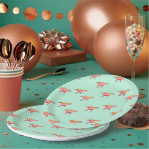 Assiettes En Carton dinosaures roses motif sur bleu pâle