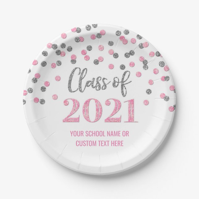 Assiettes En Carton Diplôme Confetti d'Argent rose 2021 (Devant)